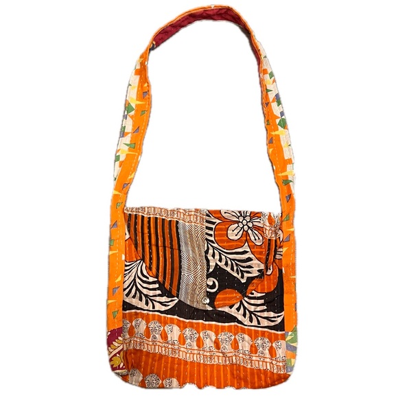 Vintage Handbags - Indian Quilt Quilted fabric floral purse satchel boho bohemian orange hippie